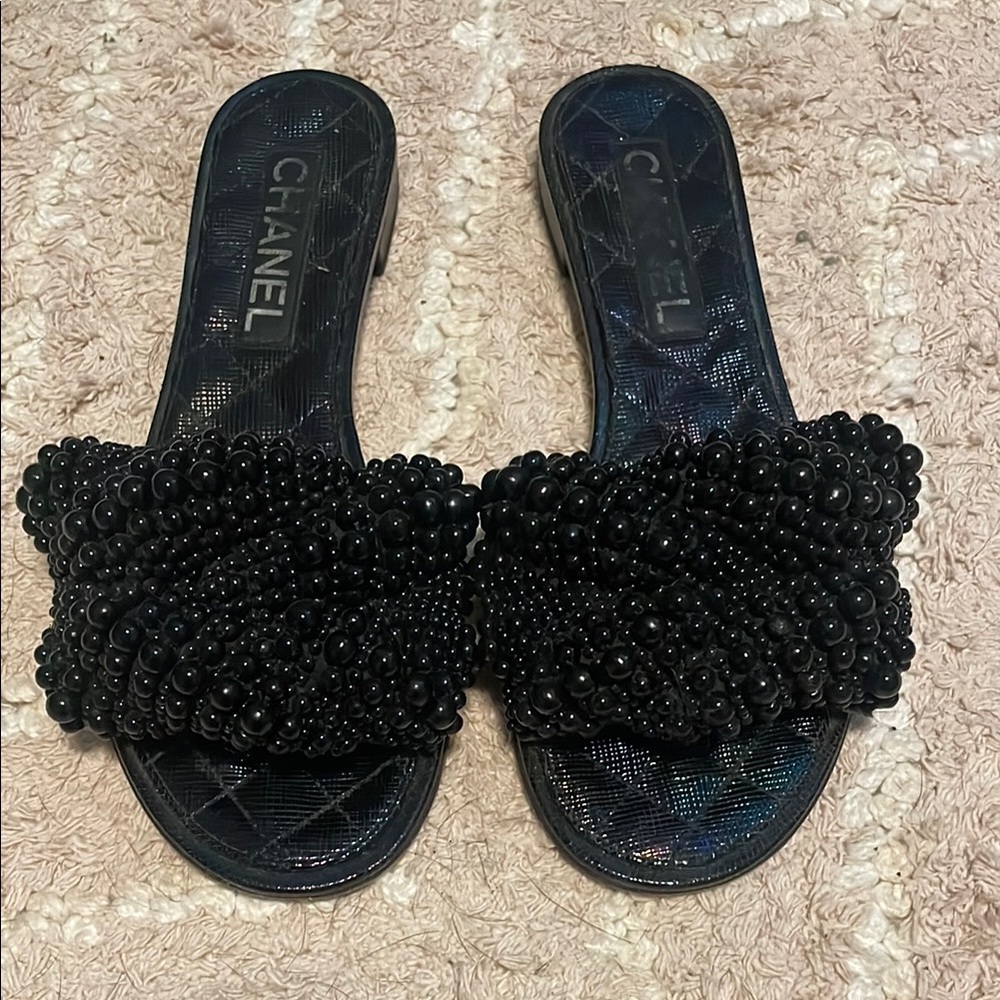 CHANEL Black Pom-Pom Slide Sandals